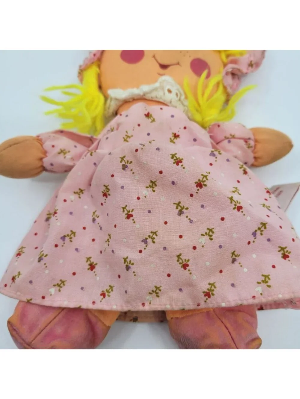 Dan Dee Happy Sad Cloth Rag Doll Vintage 1982 Pink Floral Dress & Bonnet Yarn Ha